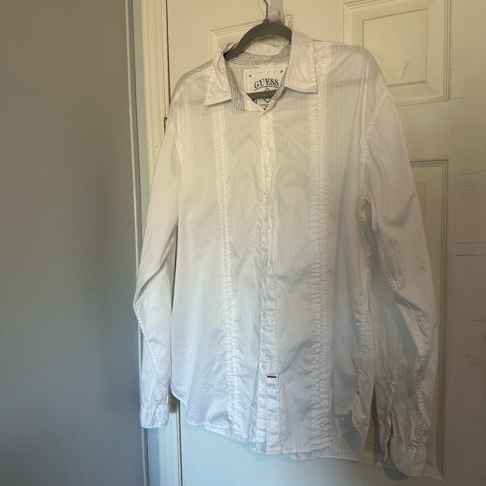 Vintage GUESS Men's XXL White Cotton Long Sleeve Button-Up Shirt Casual